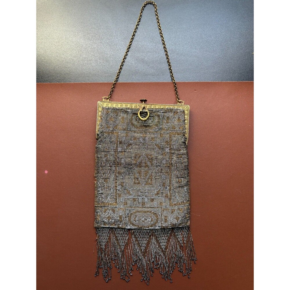 Antique FRENCH Art Deco Gold Silver Handmade Steel Beaded Fringe Flapper Purse - Picture 1 of 10